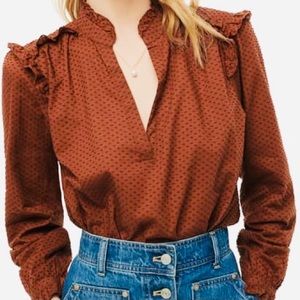 Ruffle-trim V-neck popover in clip dot